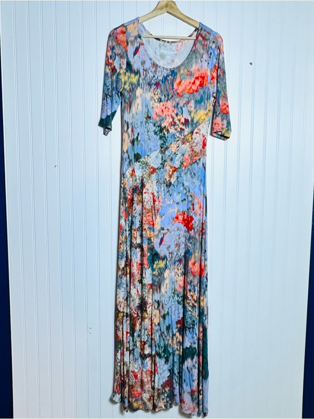Soft Surroundings Multicolor Floral Scoop Neck Maxi Dress Jersey Knit 3/4sleeves - Picture 5 of 15